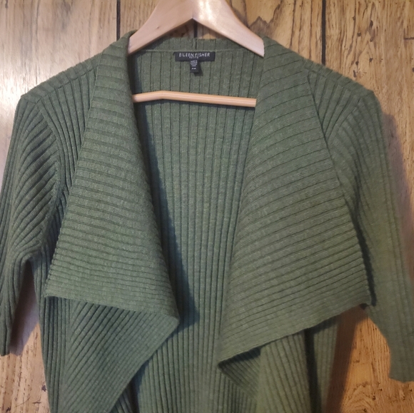 EILEEN FISHER Green Ribbed Merino Wool Open Draped Cardigan - Medium - Picture 2 of 5